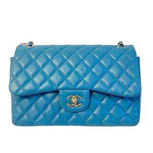 Chanel Textured Calfskin Quilted Double Flap Jumbo Blue SHW